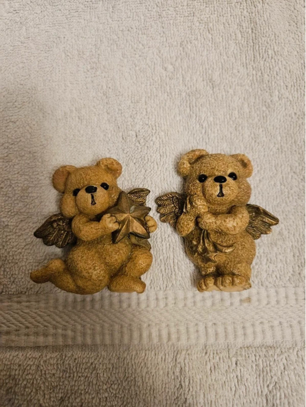 Vintage Teddy Bear Angel Figurines Lot of 2 Gold Wings Star 2" Miniatures m12